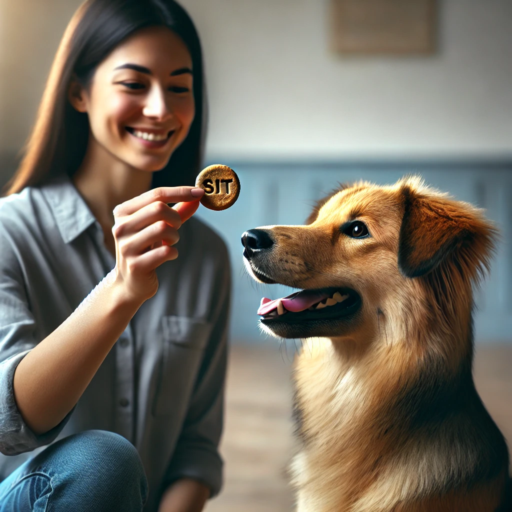 Cão feliz deitado ao lado de um pote de ração, com grãos espalhados pelo chão e sacos de ração ao fundo.