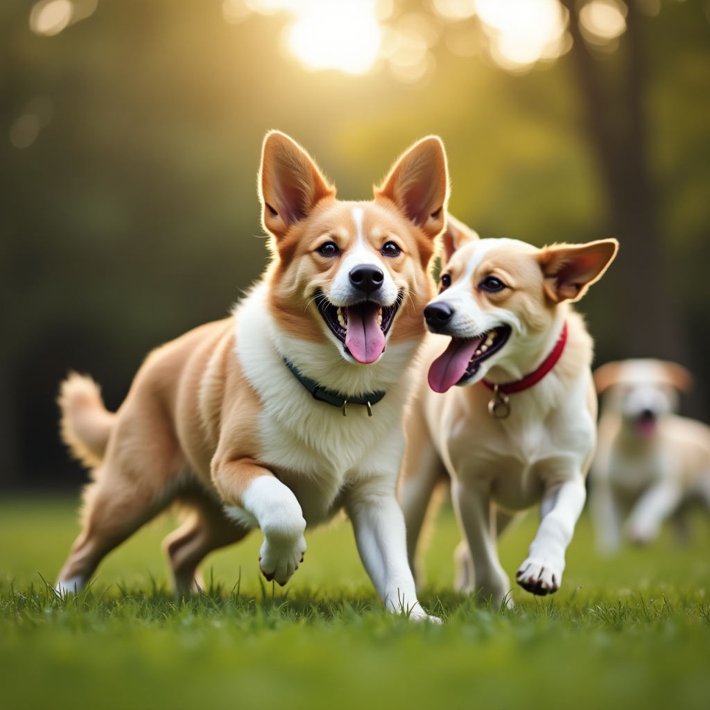 Um grupo de cães felizes interagindo em um parque durante uma sessão de socialização canina.