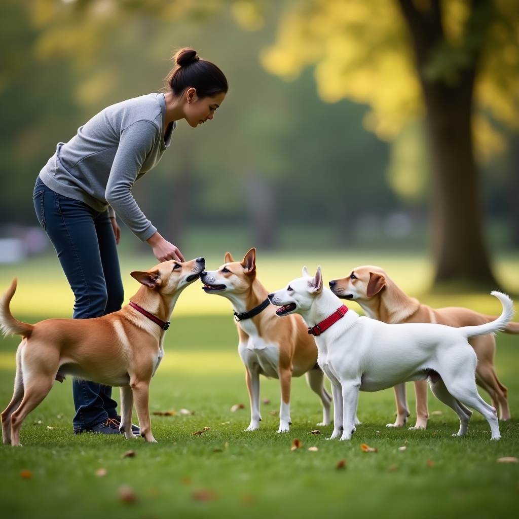 Múltiplos cães recebendo recompensas de um treinador durante uma sessão de treinamento positiva em um parque, com cores suaves e detalhes mínimos.