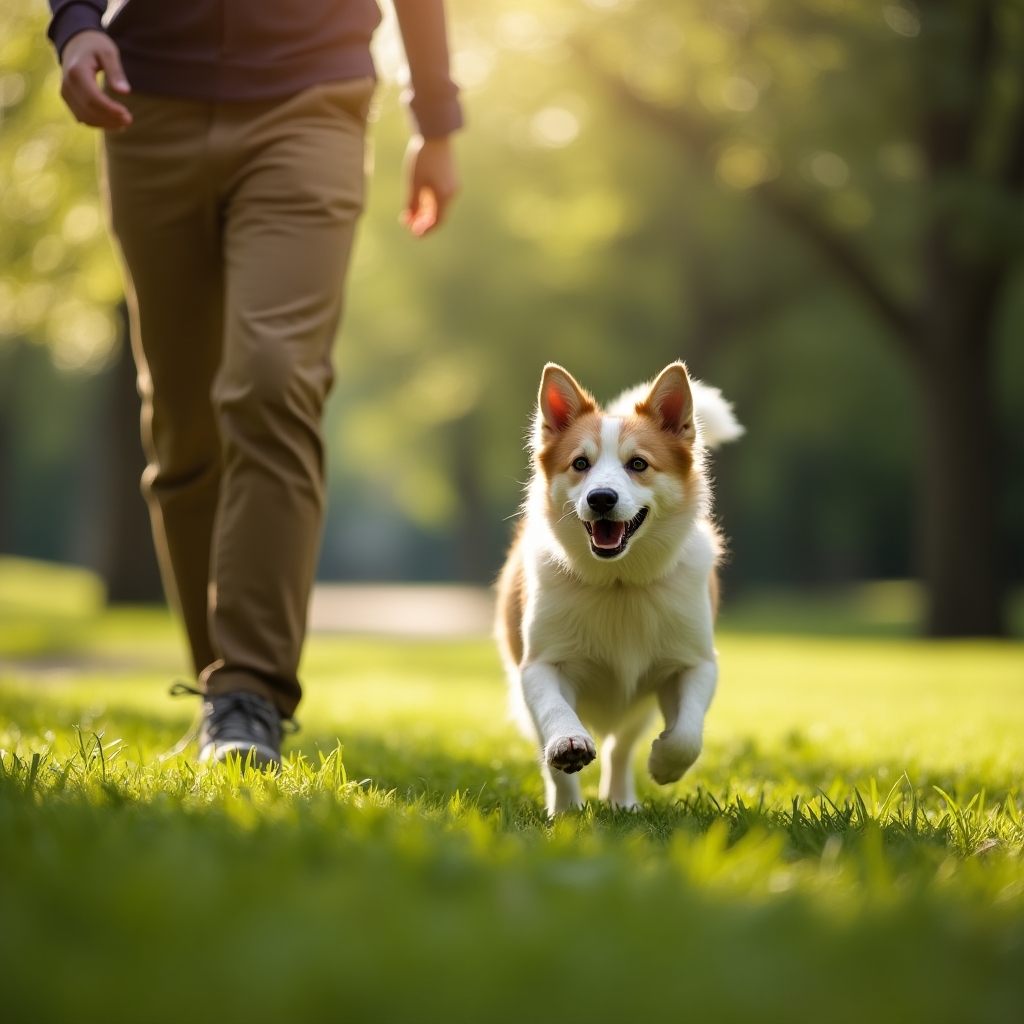Um cão obediente correndo em direção ao seu tutor em um parque, respondendo ao comando de "vem"